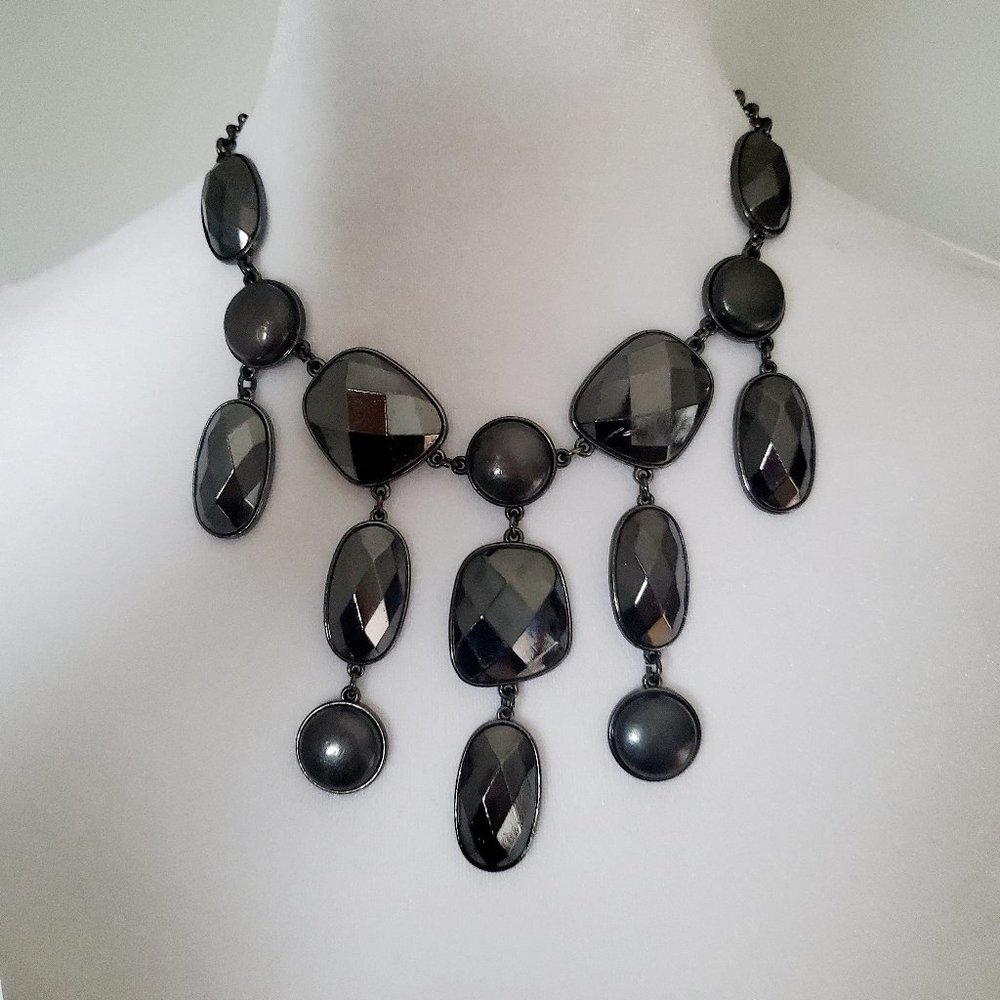 Y2K Dangly Bib Statement Necklace Large Black Faceted Faux Stones Boho Chic
